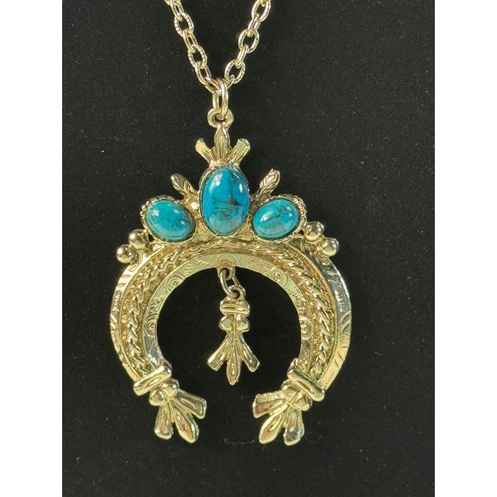 Western Horseshoe Squash Blossom Turquoise Necklace Silver Tone - Picture 2 of 7